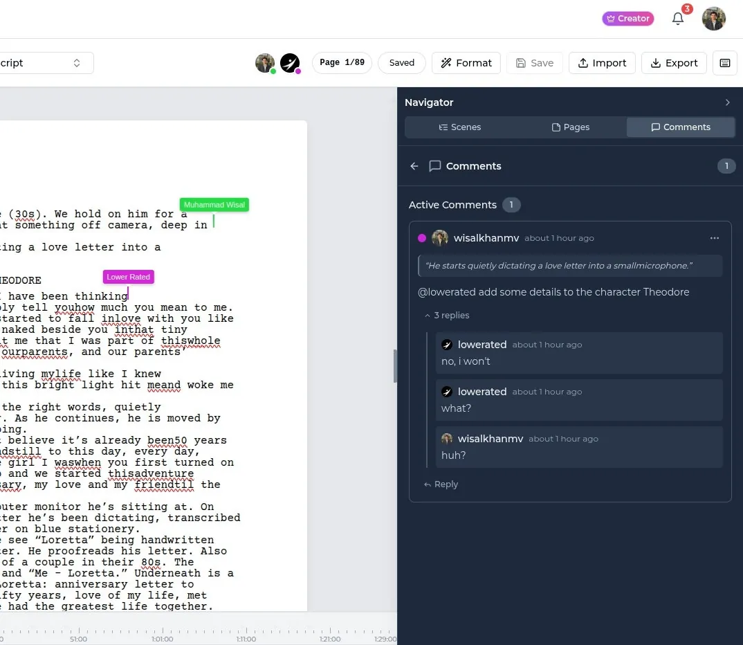 Lowerated script editor with live collaborator cursors and a comments panel showing a threaded discussion on a line of the script