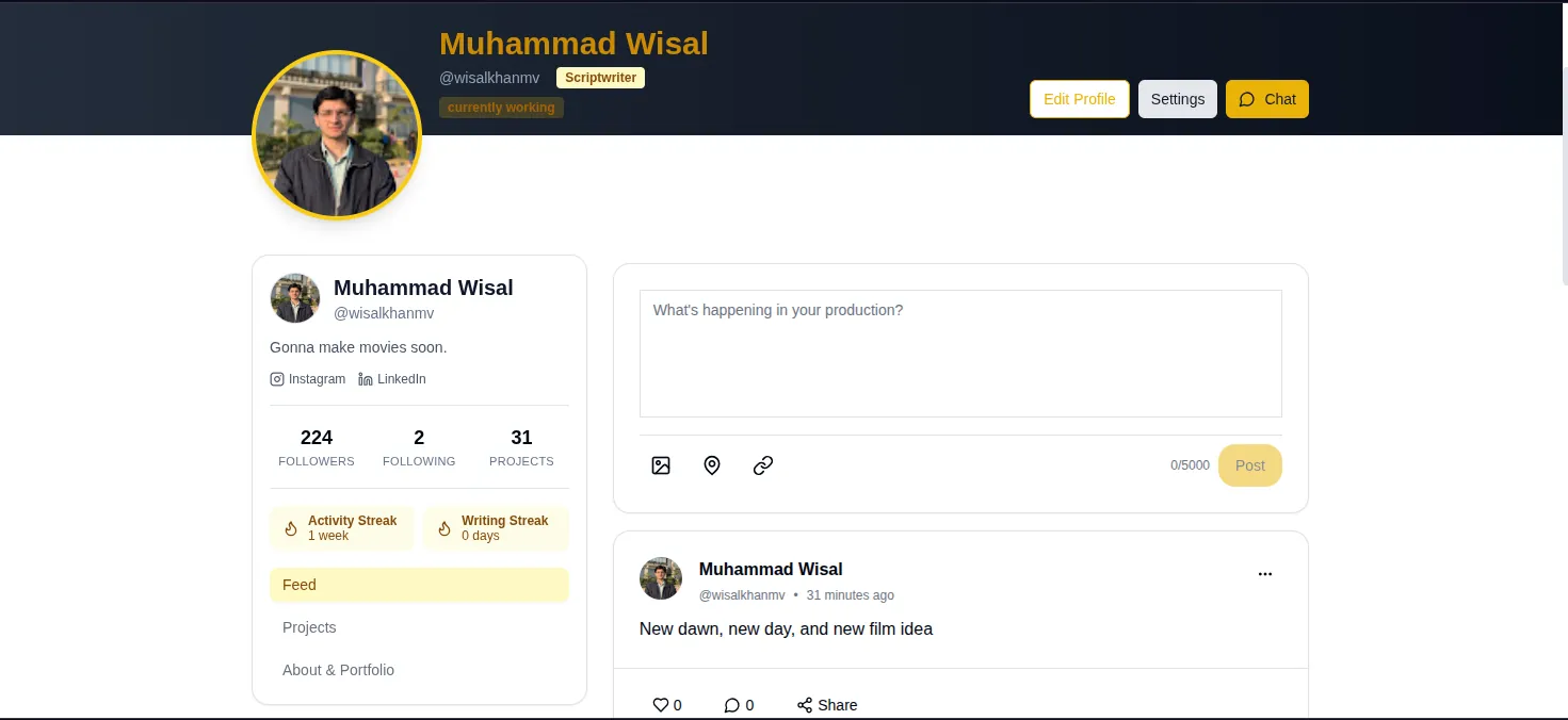 Lowerated community profile for Muhammad Wisal with follower and project counts, streaks, a post composer and a recent feed post
