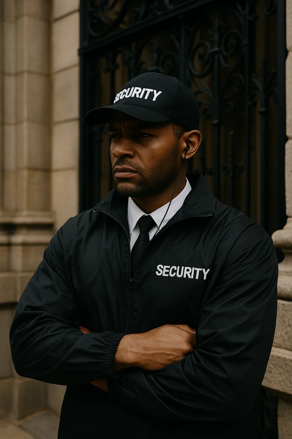 A stern security guard in a black cap and jacket marked SECURITY stands with arms crossed in front of an ornate iron gate
