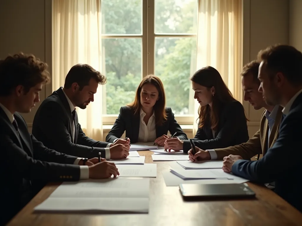 Six people in suits sit around a long wooden table by a bright window, reading and marking up printed pages
