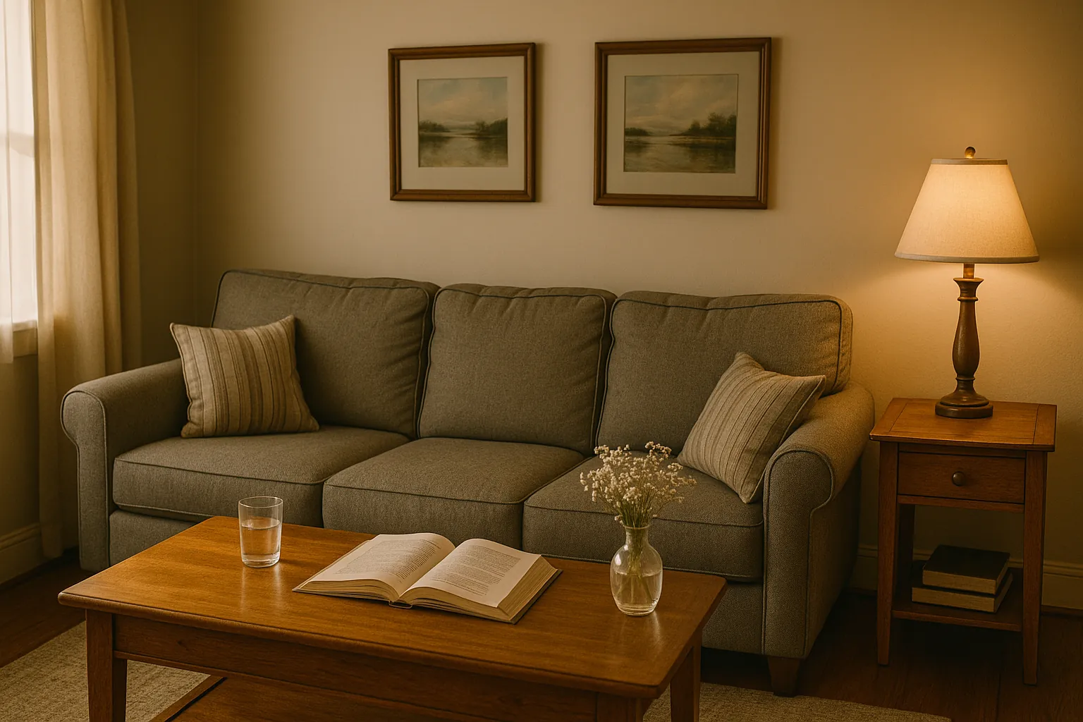 A quiet living room with a grey sofa, an open book and a glass of water on the coffee table, and a lamp glowing on a side table