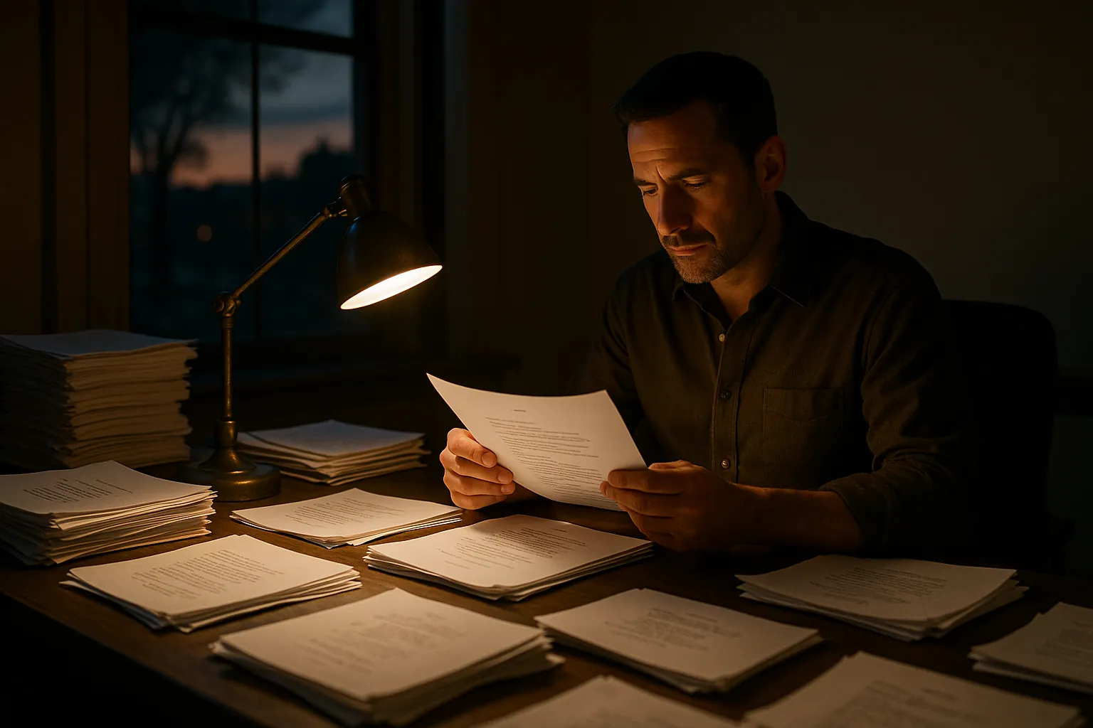 A man reads a single script page under a desk lamp at night, surrounded by stacks of screenplay pages on a wooden desk