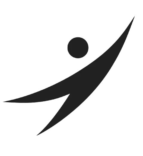 The Lowerated logo, a black stylised figure with a round head and a sweeping curved body leaping upward