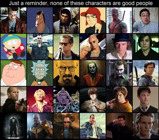 Grid of 30 film and TV characters, including Walter White, the Joker and Patrick Bateman, under the caption 'none of these characters are good people'