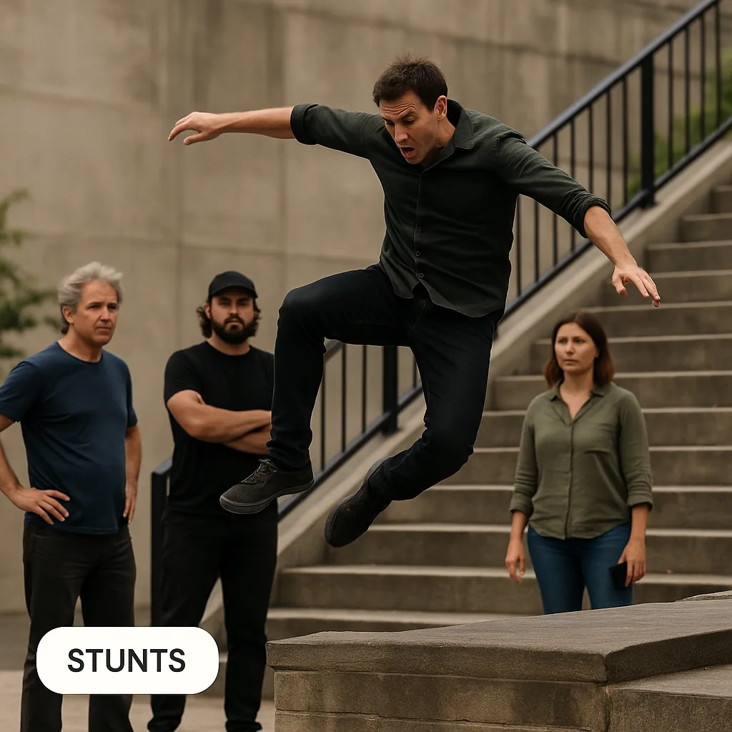 A man leaps off a concrete ledge by a staircase while three crew members watch, with a STUNTS label in the corner
