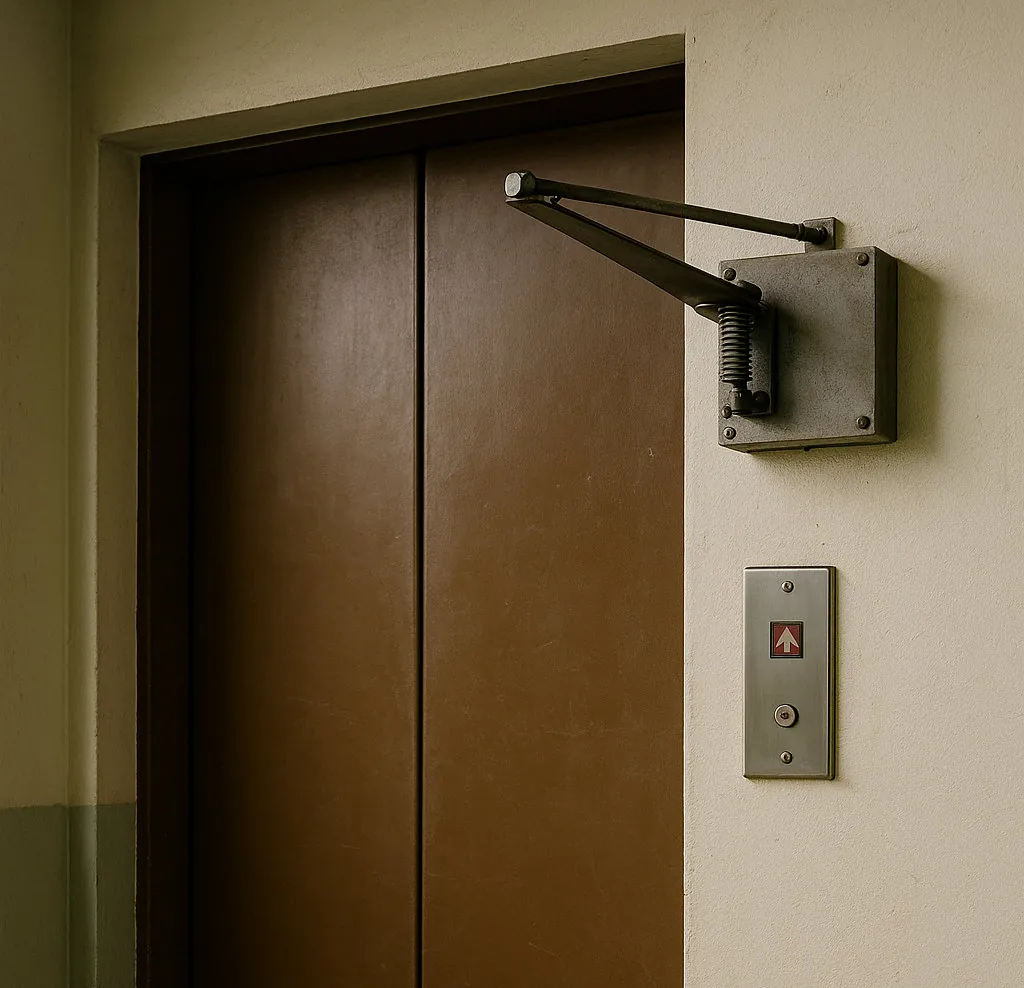 Closed brown elevator doors with a heavy spring-loaded mechanical arm mounted on the wall above the call button