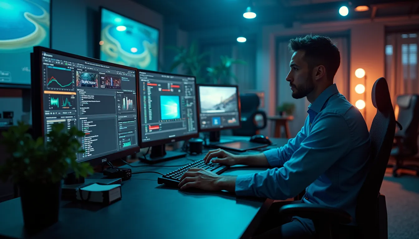 A man edits at a desk with several monitors showing waveforms and video timelines in a dim, teal-lit studio