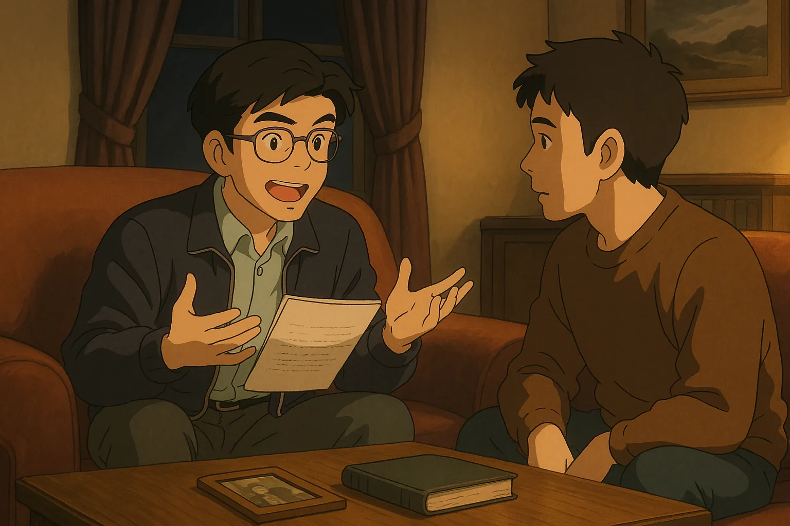 Anime-style illustration of a man in glasses excitedly reading from a page to a younger man on a sofa in a warm living room
