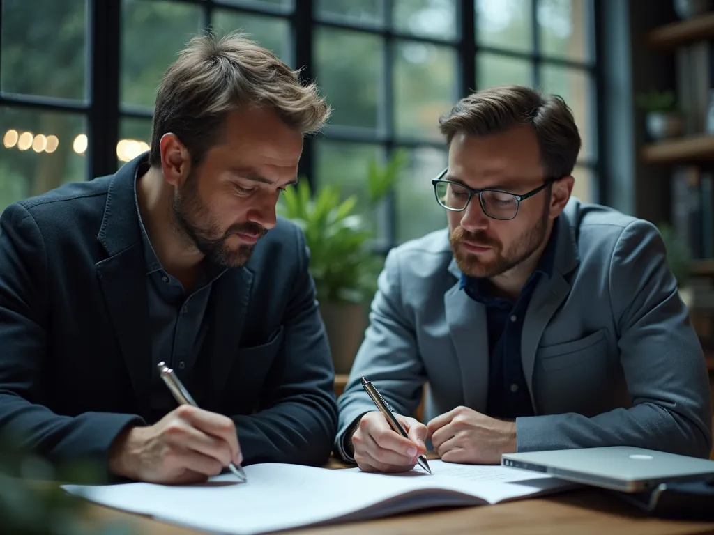 Two bearded men in blazers sit side by side at a table, both writing notes in an open notebook