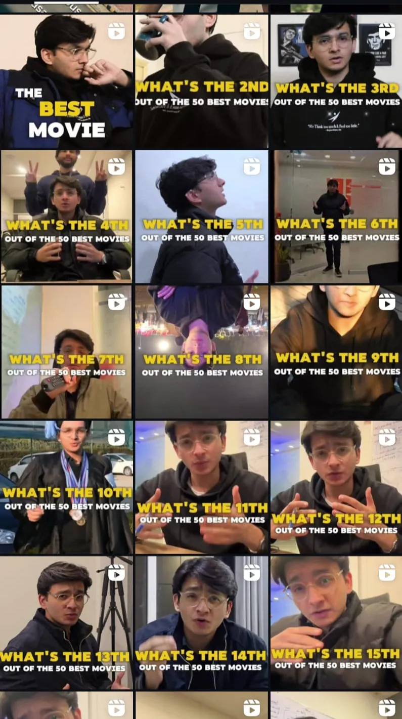 Grid of short video thumbnails of a young man in glasses, each titled 'What's the 2nd', '3rd' and so on 'out of the 50 best movies'