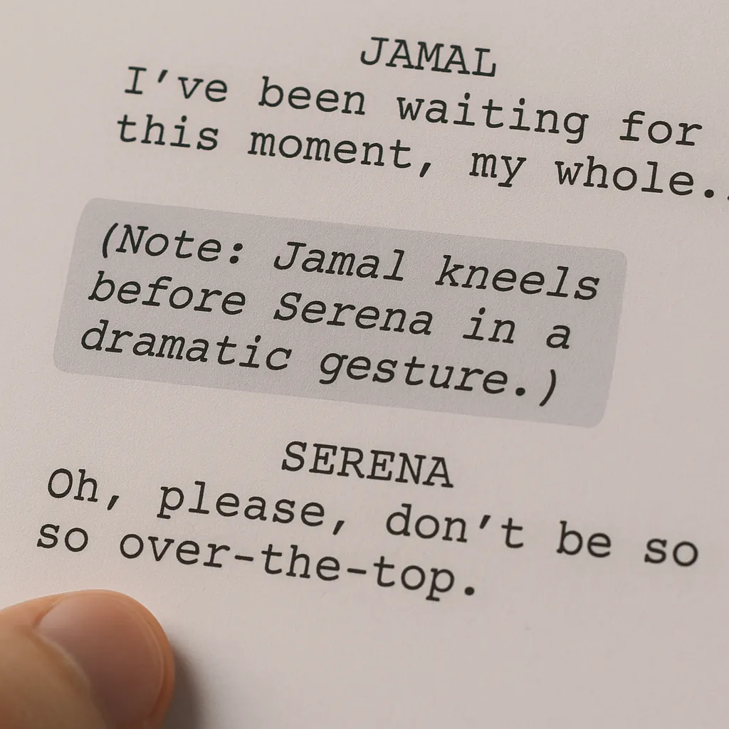 Close-up of a screenplay page where Jamal's dialogue is followed by a highlighted note that he kneels before Serena, who replies 'don't be so over-the-top'