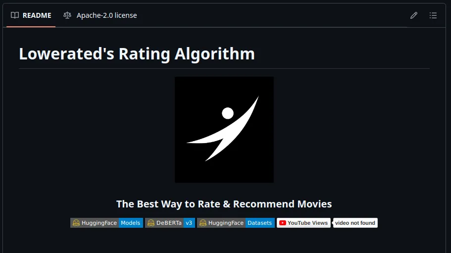 GitHub README titled Lowerated's Rating Algorithm, with the Lowerated logo and the line 'The Best Way to Rate & Recommend Movies'