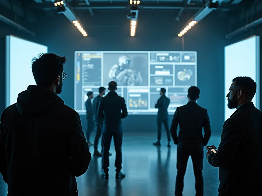 A small group of people, seen mostly in silhouette, stand in a dark studio watching a large wall screen of 3D character work